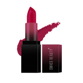 Matte lipstick in fresh dark red with black case, and maroon product box