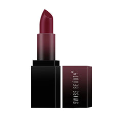 Matte berry lipstick in black tube with matching cap and product box