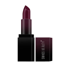 Swiss Beauty HD Matte Lipstick dark maroon bullet with black case and boxed package