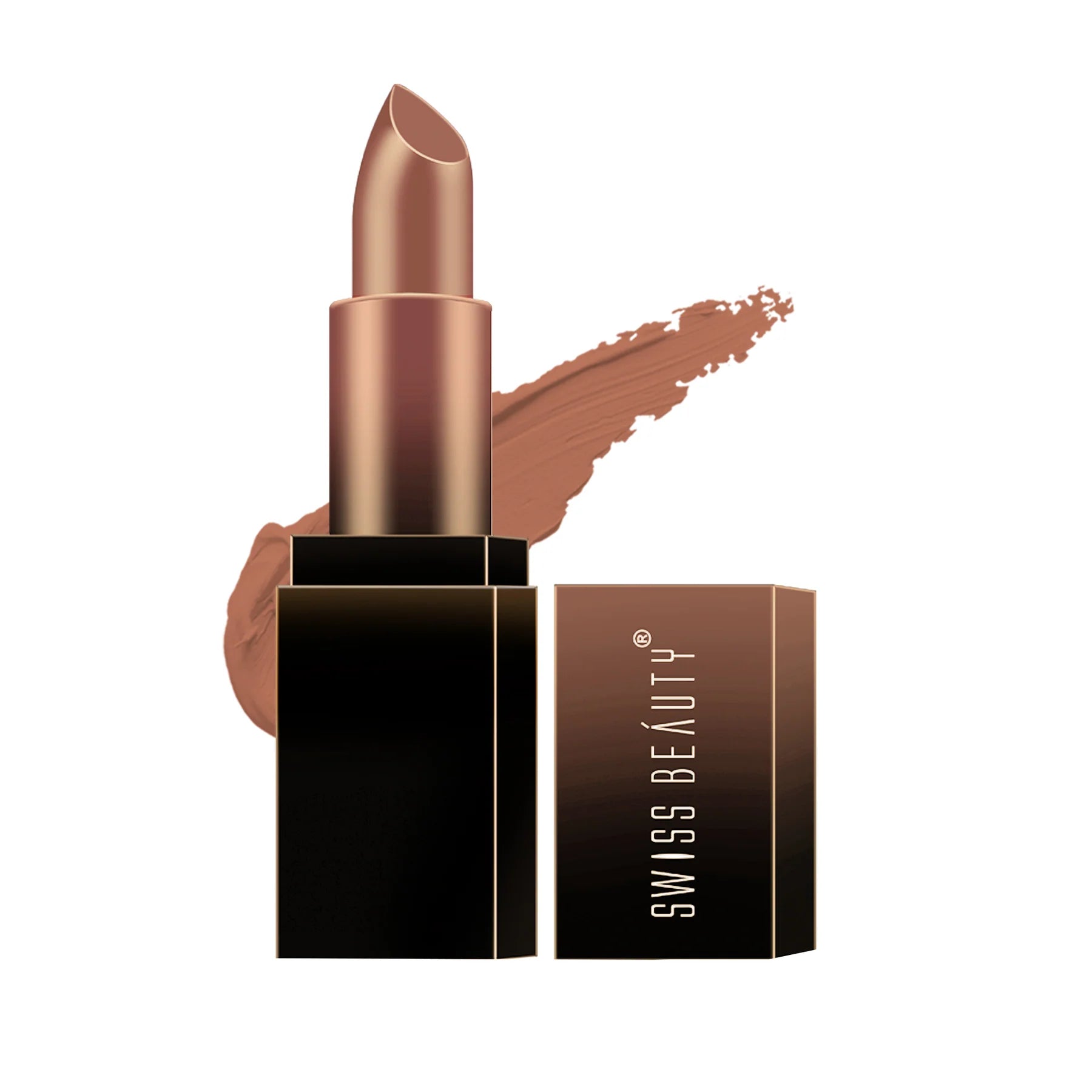 Matte lipstick in warm brown shade with gold cap and black square base