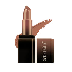 Matte lipstick in warm brown shade with gold cap and black square base