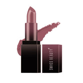 Mauve matte lipstick in black case with lipstick bullet and mauve swatch