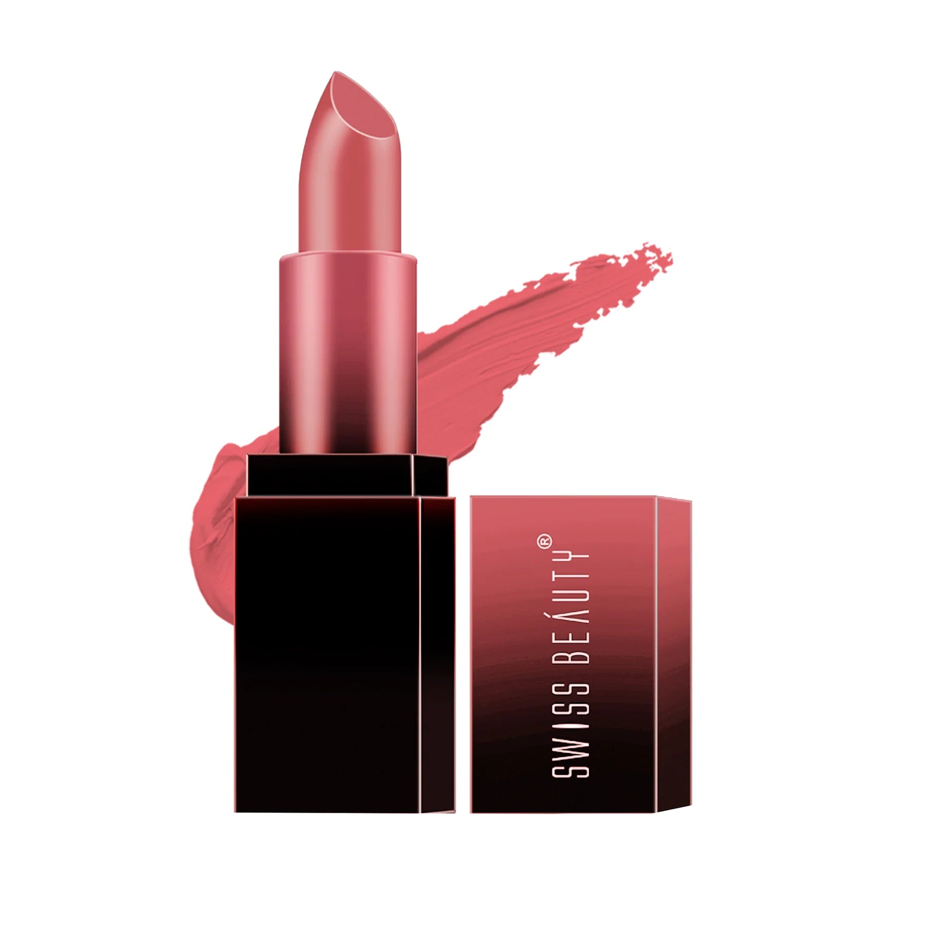 Matte lipstick with peach-pink bullet and black tube case