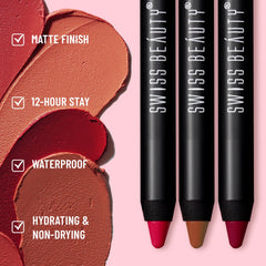 Matte lip crayon tips with red-brown lip swatches