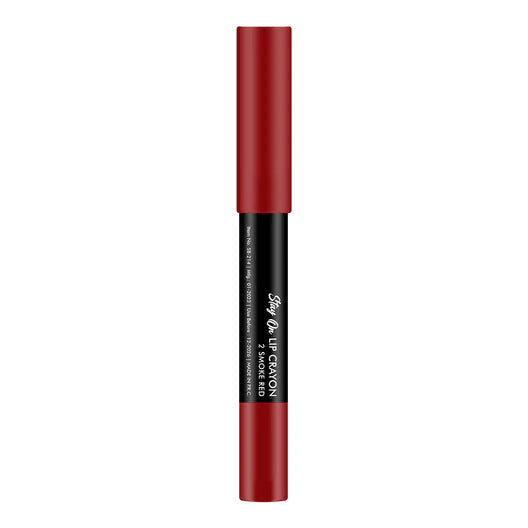 Matte lip crayon in Smoke Red, cylindrical tube with red cap
