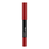 Matte lip crayon in Smoke Red, cylindrical tube with red cap