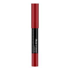 Matte lip crayon in Smoke Red, cylindrical tube with red cap