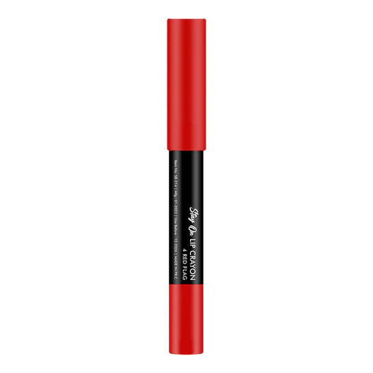 Matte lip crayon in red, black barrel with brand text and pointed tip