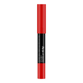 Matte lip crayon in red, black barrel with brand text and pointed tip