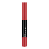 Matte lip crayon in hot red, black barrel with Swiss Beauty text and pointed tip