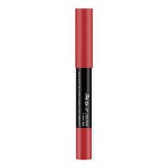 Matte lip crayon in hot red, black barrel with Swiss Beauty text and pointed tip
