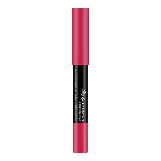 Matte lip crayon in fuchsia pink with black base and red cap