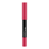 Matte lip crayon in fuchsia pink with black base and red cap