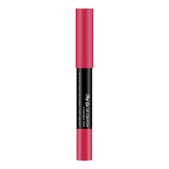 Matte lip crayon in fuchsia pink with black base and red cap