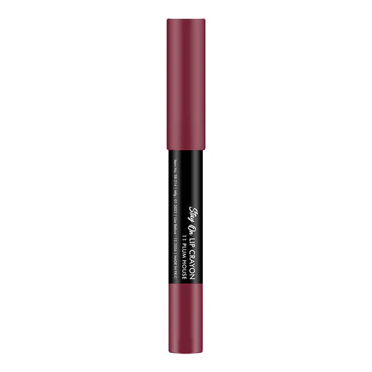 Matte finish plum lip crayon in slim tube with pointed tip