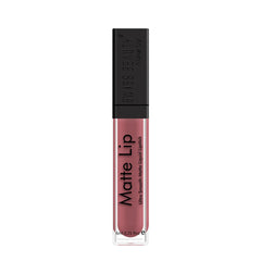 Matte liquid lipstick tube with black cap, nude rose shade
