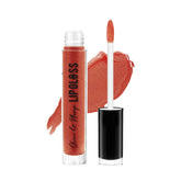 Lip gloss tube with doe-foot applicator and wine-red shimmer gloss swatch
