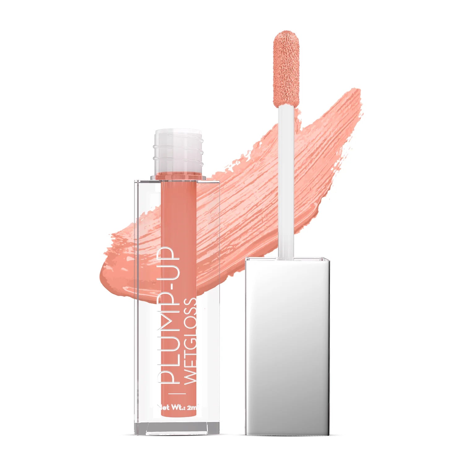 Plump-up wet gloss lip gloss in clear tube with pink nude applicator wand