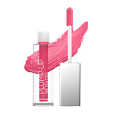 Pink wetgloss lip plumper with applicator brush and swatched glossy tint