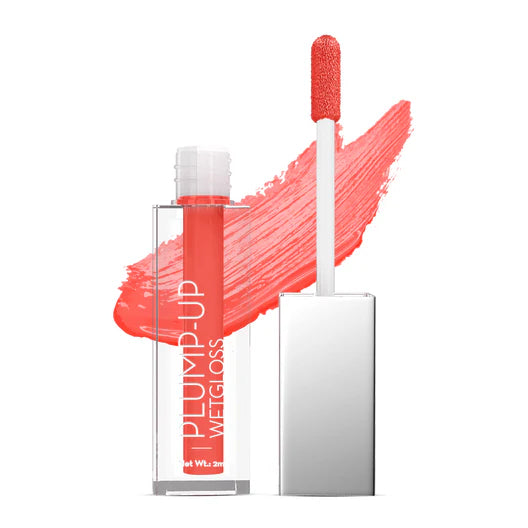 Red wet gloss lip plumper with clear tube and applicator wand, glossy finish
