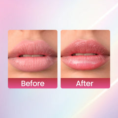 Close-up of glossy pink lips with smooth shine, shown in two side-by-side views