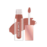 Matte liquid lipstick in rose-nude shade with applicator and swatch