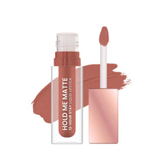 Matte liquid lipstick in rose-nude shade with applicator and swatch