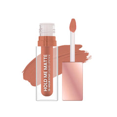 Matte liquid lipstick with doe-foot applicator, nude-brown shade and lip swatch