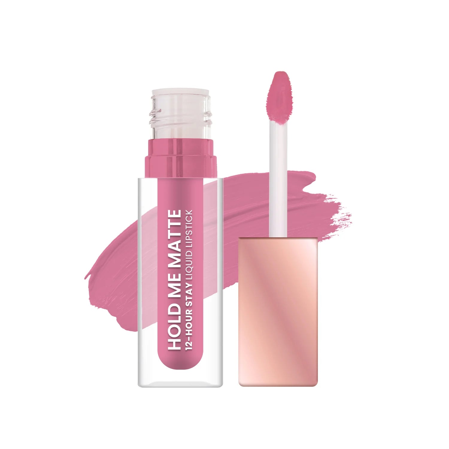 Matte liquid lipstick bottle with doe-foot applicator, gentle pink matte finish
