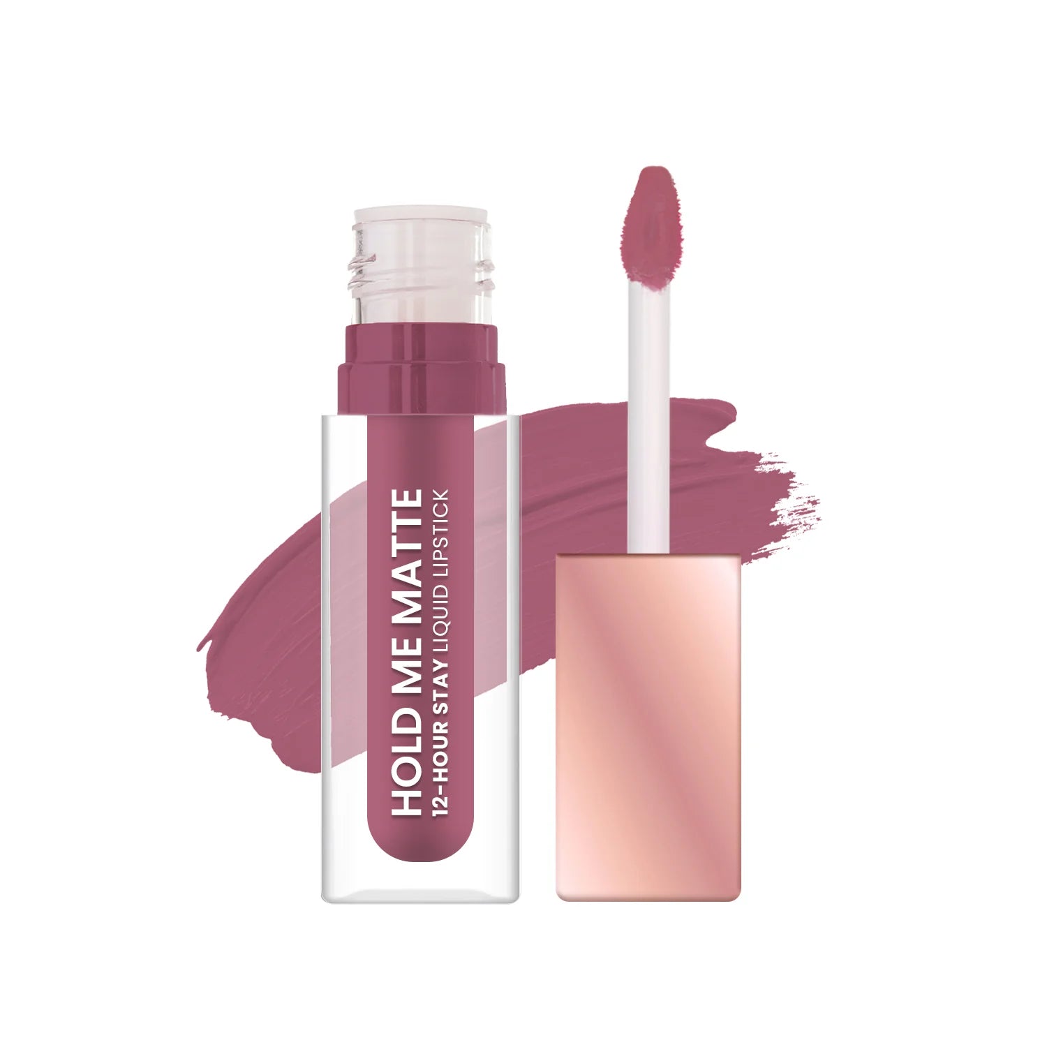 Matte liquid lipstick set with mauve applicator and smear, clear bottle and cap