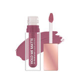 Matte liquid lipstick set with mauve applicator and smear, clear bottle and cap