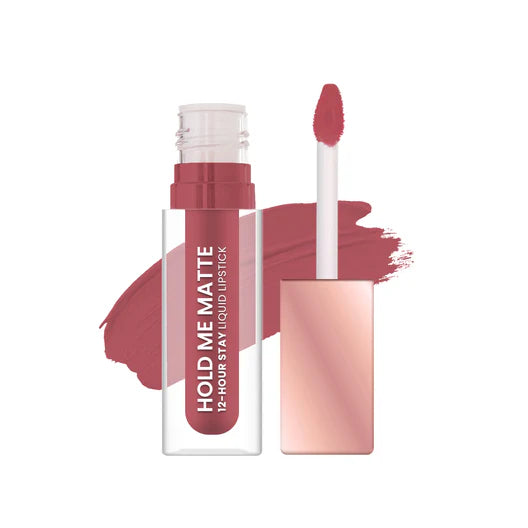 Matte liquid lipstick in mauve shade with applicator and swatch