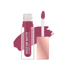 Matte liquid lipstick in rough plum shade with doe-foot applicator and swatch