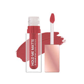 Matte liquid lipstick shade daring salmon with doe-foot applicator and liquid swatch.