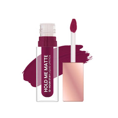 Matte liquid lipstick in berry shade with doe-foot applicator and open bottle