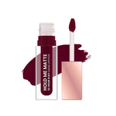 Matte liquid lipstick in wine shade with applicator wand and swatch