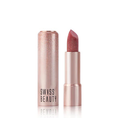 Pink glitter lipstick tube with rose-gold bullet; compact rose-gold packaging