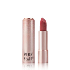 Glitter lipstick shade mauve in rose-gold tube with lipstick bullet.
