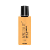 Nail polish remover bottle, orange, acetone-free, black cap, front label visible