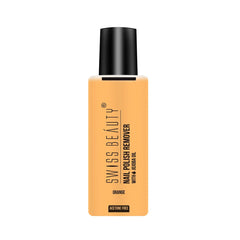 Nail polish remover bottle, orange, acetone-free, black cap, front label visible