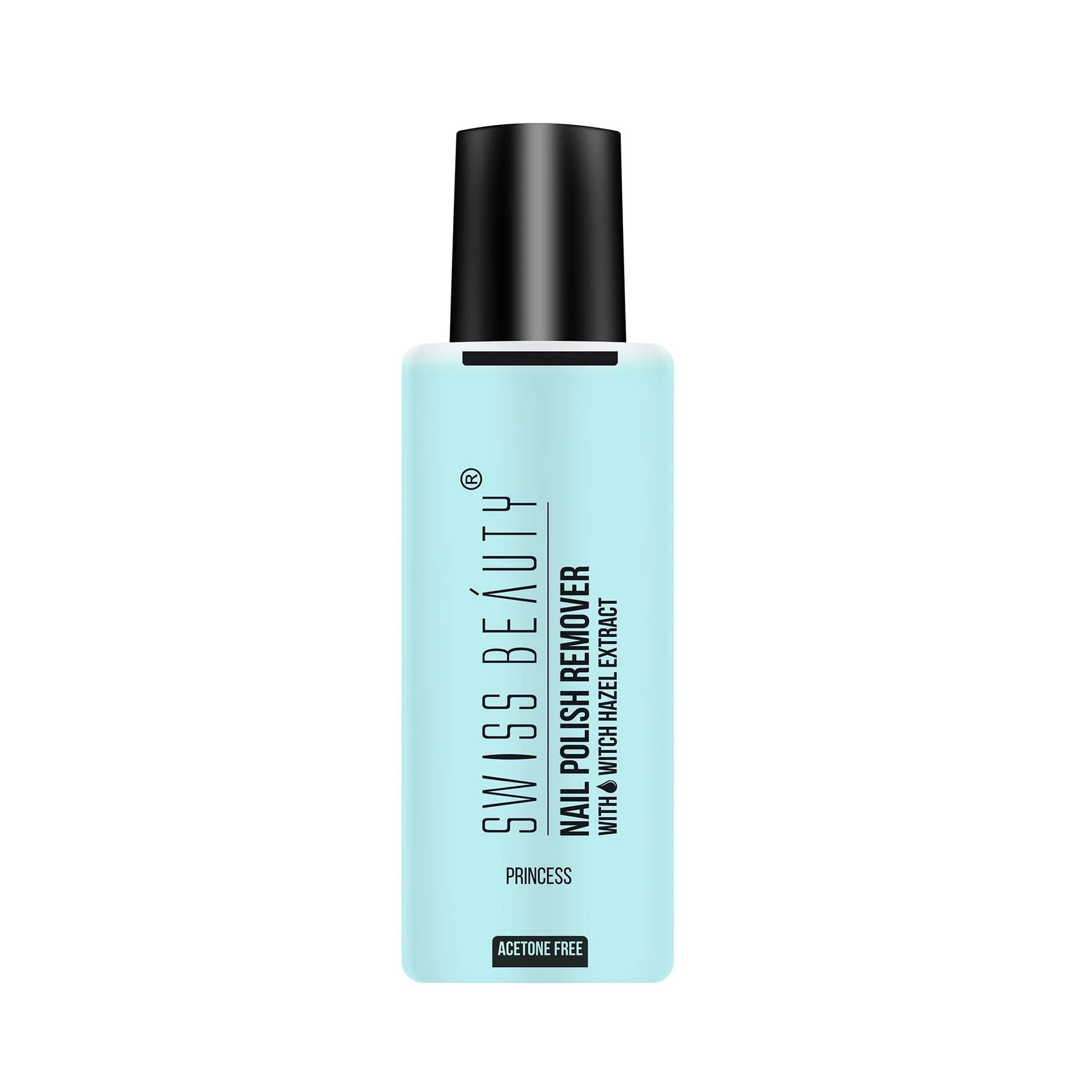 Nail polish remover bottle, light blue with black cap; Princess label