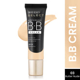 BB cream tube, shade 03 Butter Nude, beige cream swatch on package