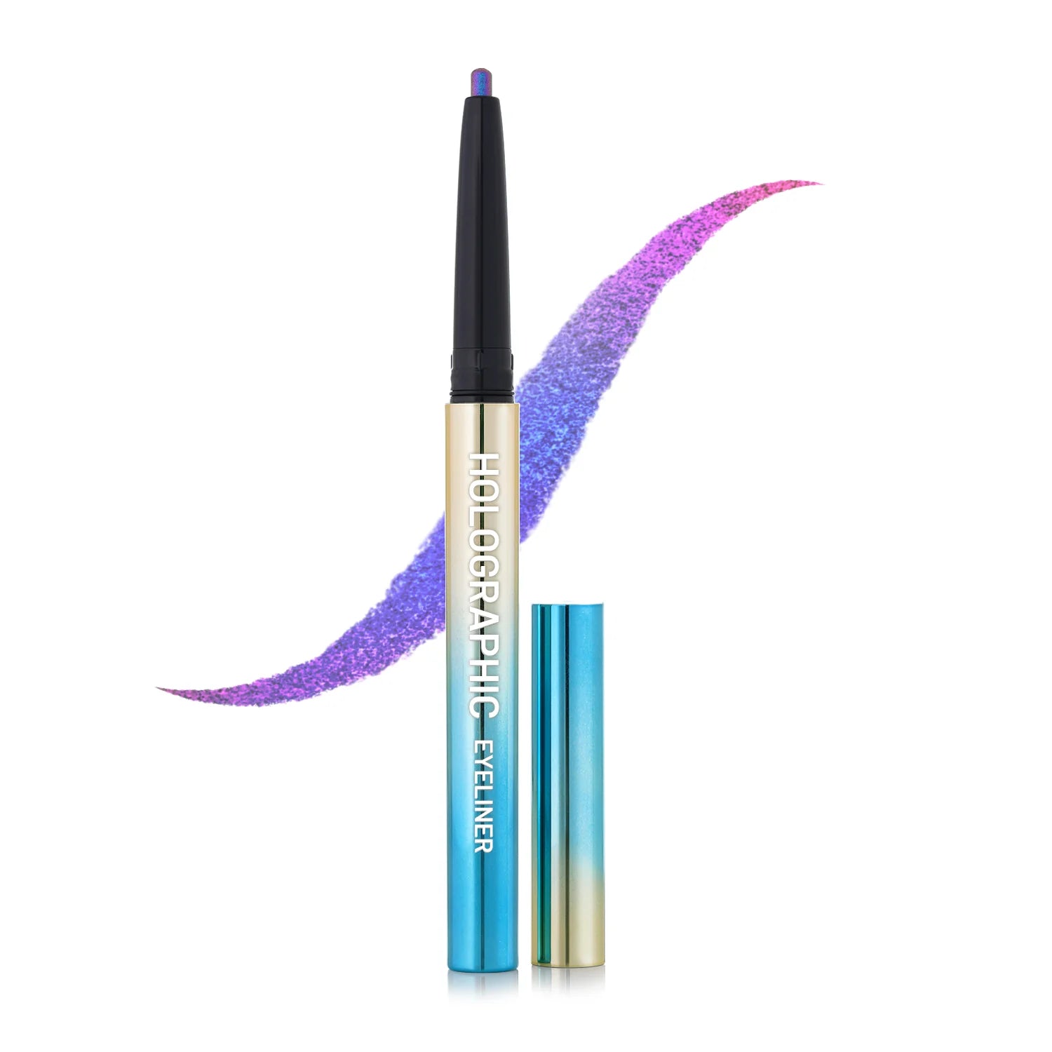 Holographic eyeliner with purple glitter stroke and blue tube