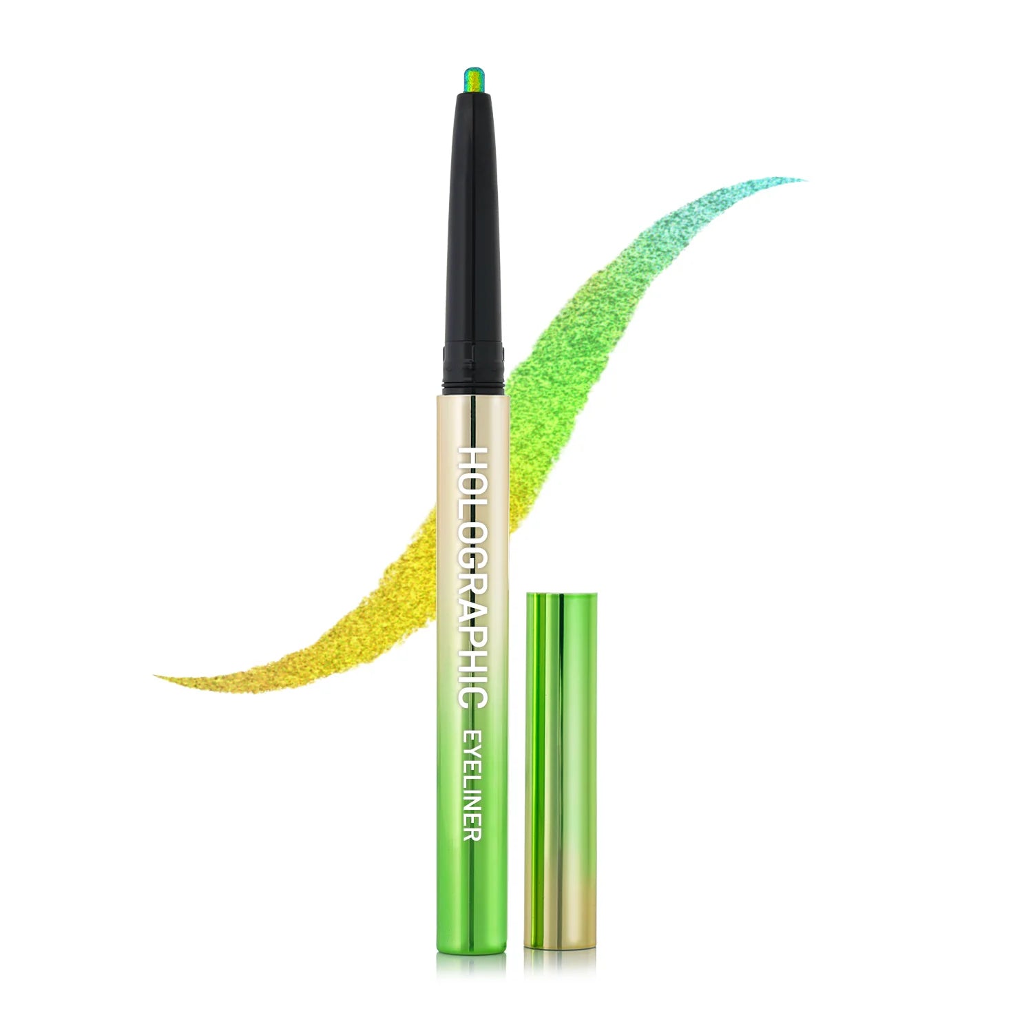Holographic eyeliner in green, with twist-up pen and teal-green swatch line on face makeup.