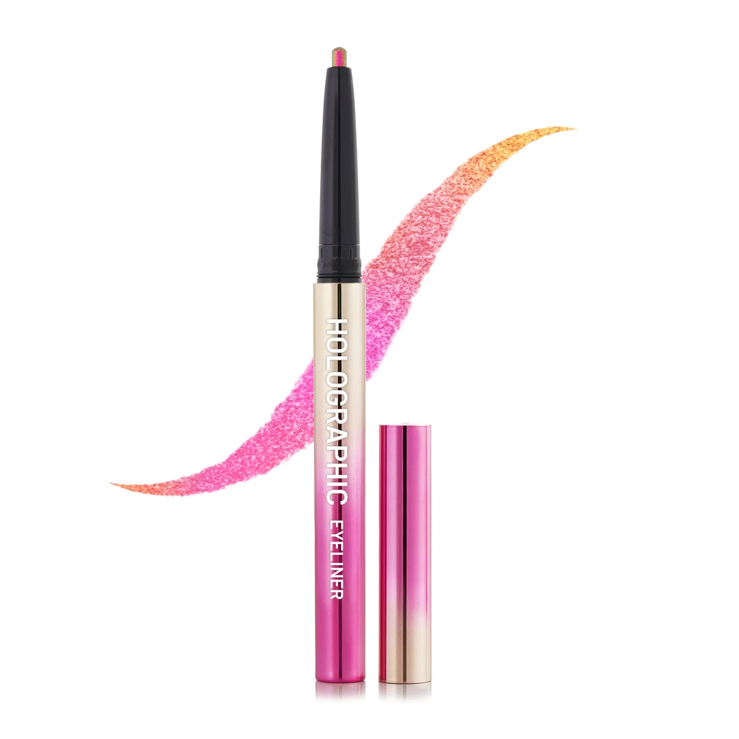 Holographic eyeliner in black cap with pink glitter swatch