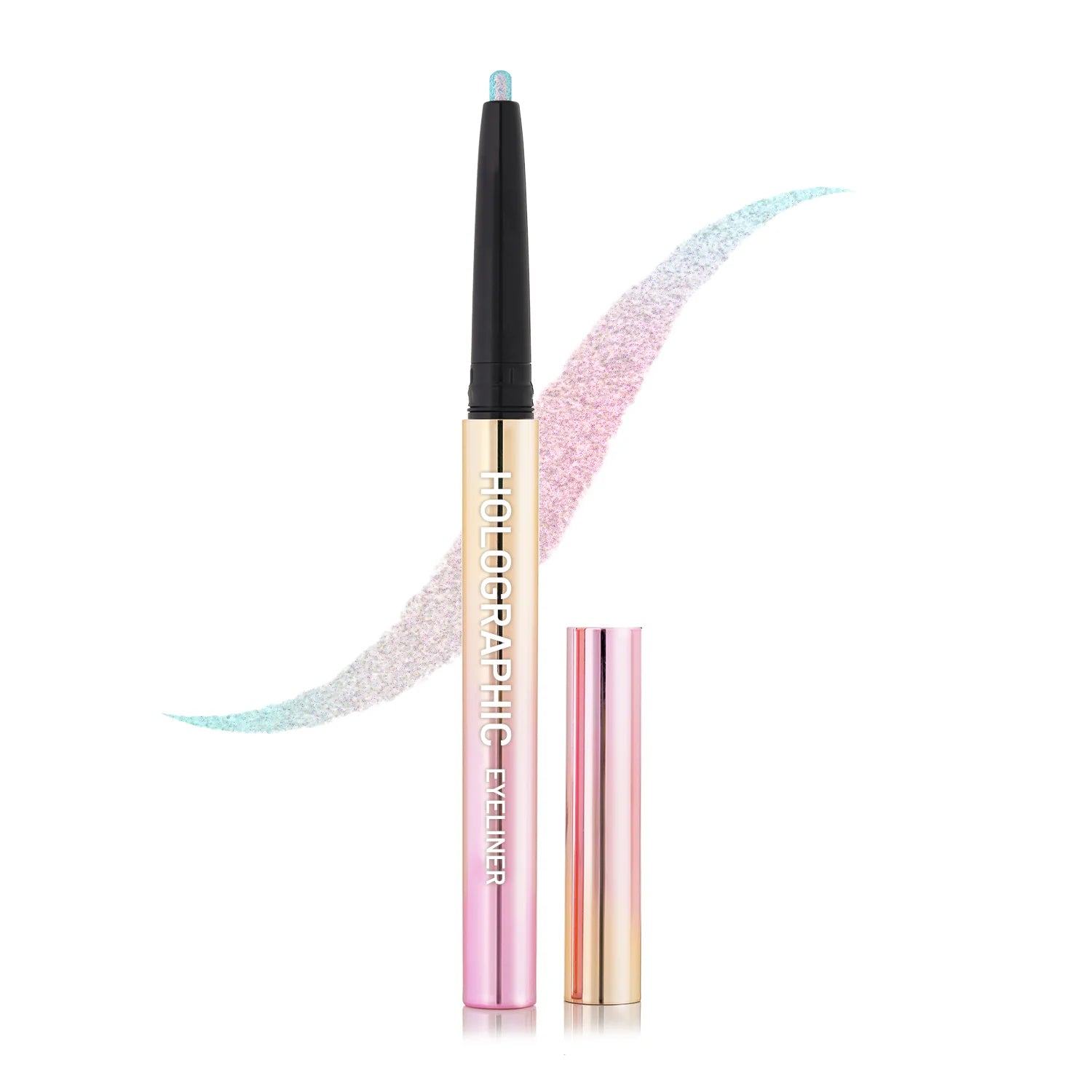 Holographic eyeliner pen with pink shimmer line and gold-toned tube