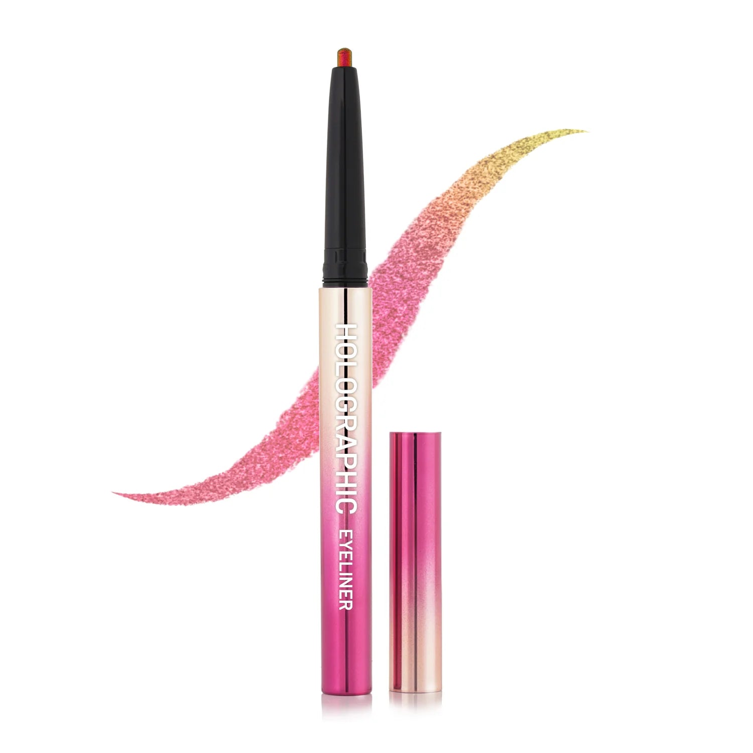Holographic eyeliner in a slim pink pen with gold-pink glitter wing swatch