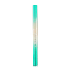 Green holographic eyeliner pen with clear barrel and gold base, straight view