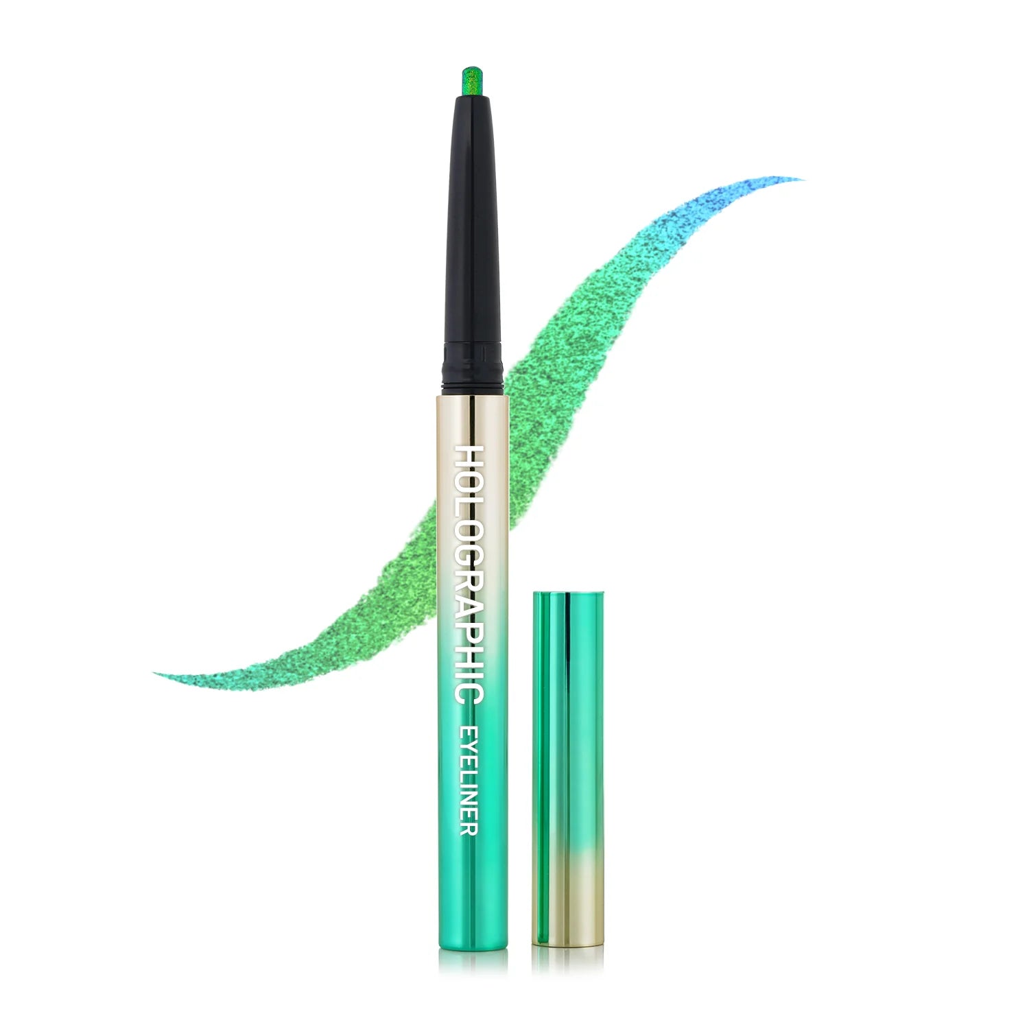 Holographic eyeliner pen with teal-green swatch and green-tipped cap on black barrel