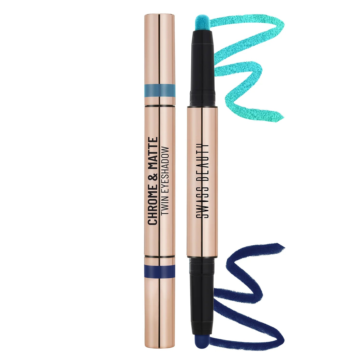Twin chrome-and-matte eyeshadow stick with aqua teal swatch and two-color applicator